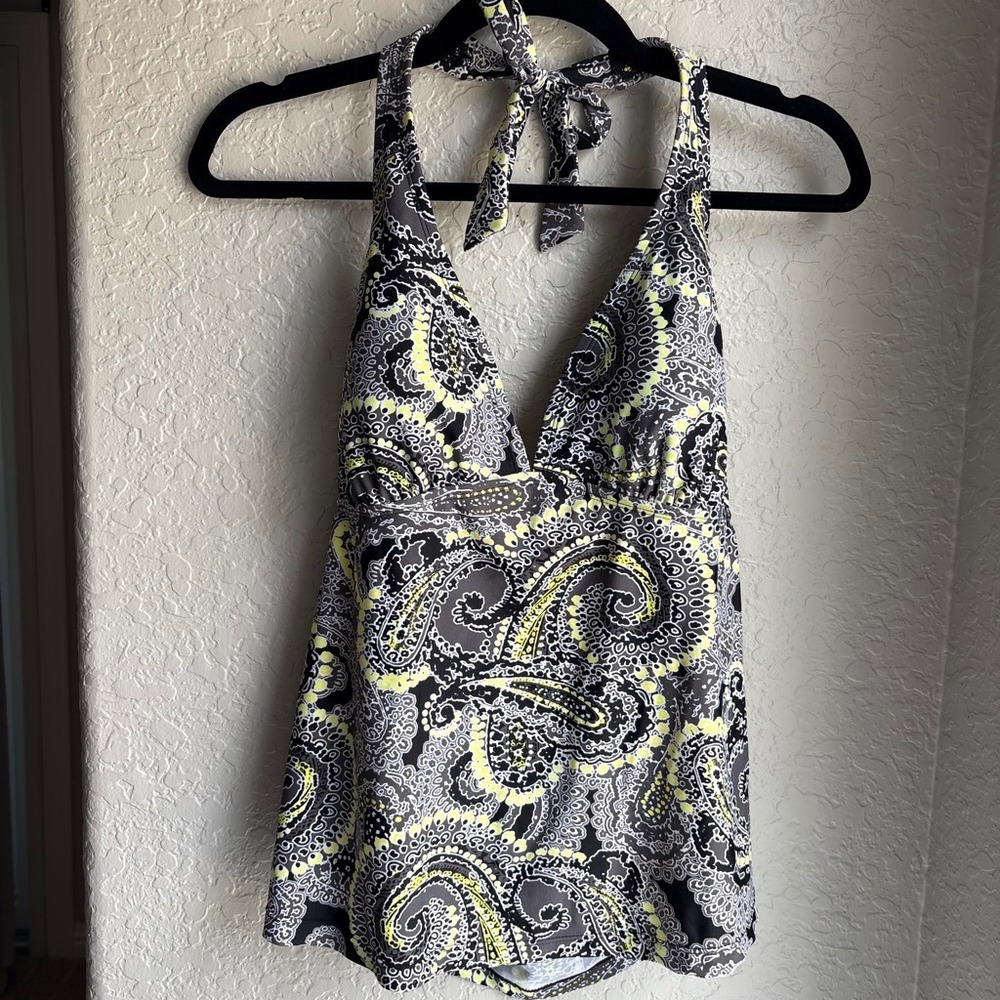 Converse Y2K Womens XL Tankini Top Black Neon Halter Swimwear Paisley Sretch